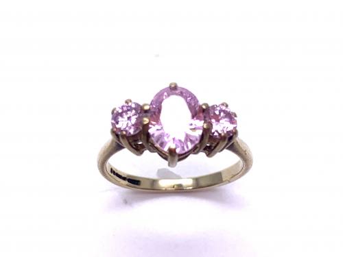 9ct Yellow Gold Pink CZ 3 Stone Ring