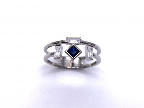 Silver Double Row Dark Blue & White CZ Ring P