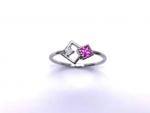 Silver Pink CZ Offset Square Shapes Ring P
