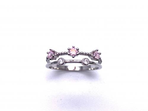 Silver Double Row Pink & White CZ Ring L