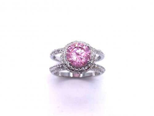 Silver Pink CZ Halo Cluster Double Band Ring M