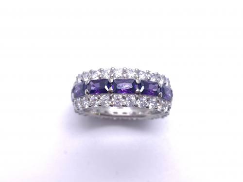 Silver Purple & Clear CZ Wide Full Eternity Ring