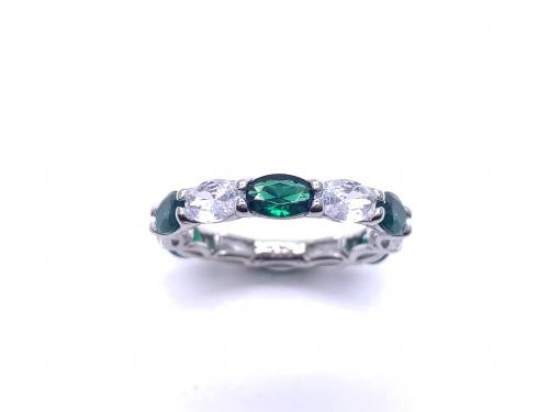 Silver Green & Clear Oval CZ Full Eternity Ring