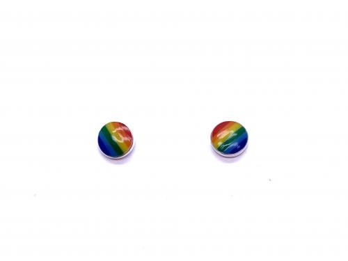 Silver Round Rainbow Button Stud Earrings