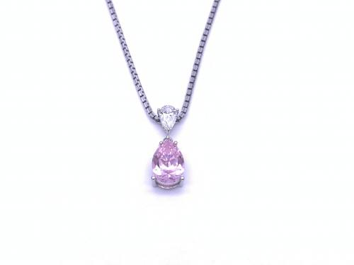 9ct White Gold Pink CZ Pendant & Chain