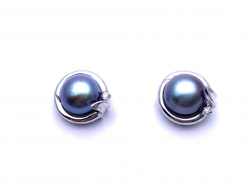 Grey Pearl and Diamond Stud Earrings