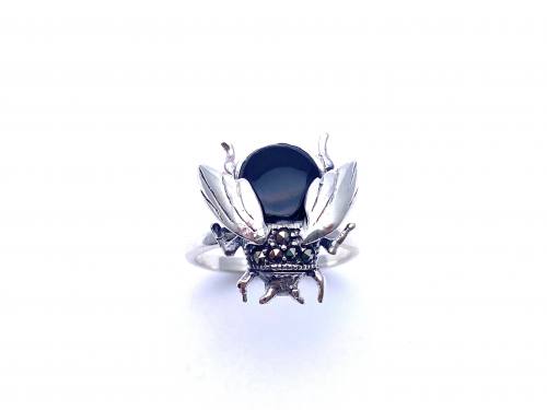 Silver Onyx & Marcasite Bee Ring