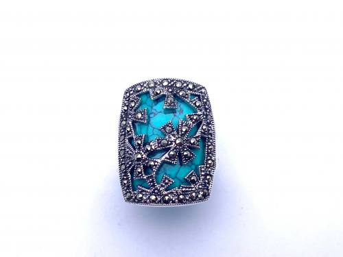 Silver Marcasite & Turquoise Oblong Fancy Ring