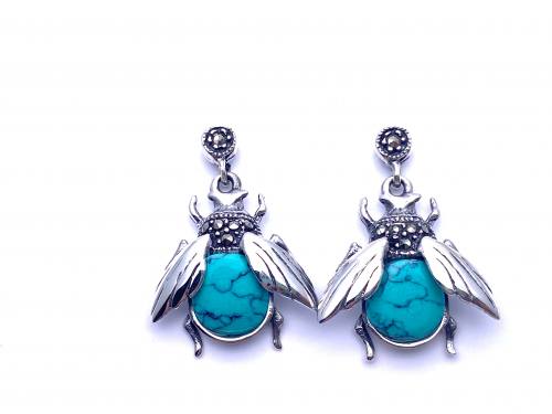 Silver Marcasite & Turquoise Bee Drop Earrings