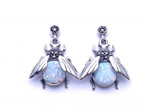 Silver Marcasite & Created Opal Bee Drop Earrings