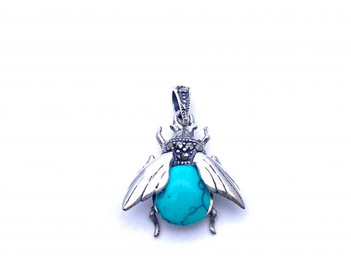 Silver Marcasite & Turquoise Bee Pendant