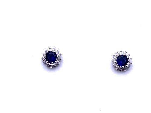 Silver Blue & White CZ Round Cluster Earrings