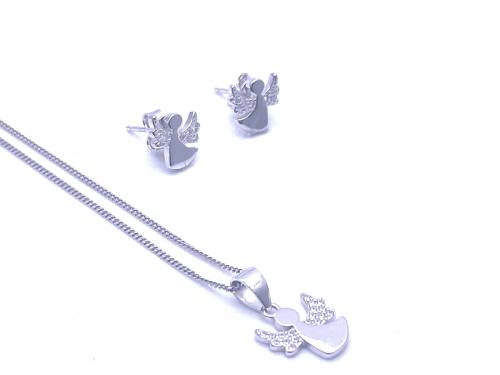Silver CZ Angel Pendant Chain & Earring Set