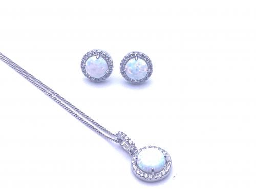 Silver Created Opal & CZ Pendant Chain & Earrings