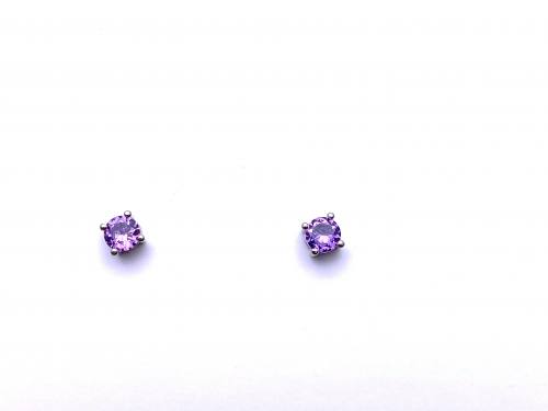 Silver Round Purple CZ Solitaire Stud Earrings 4mm