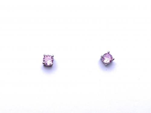 Silver Round Pink CZ Solitaire Stud Earrings 4mm