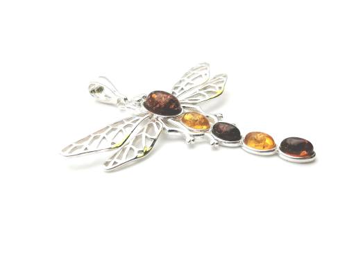 Silver Dark Amber & Yellow Amber Dragonfly Pendant