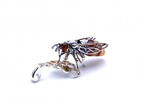 Silver Amber Bee and Honeycomb Pendant