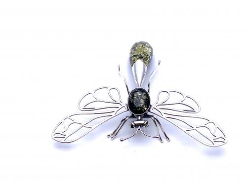 Silver Green Amber Large Dragonfly Brooch