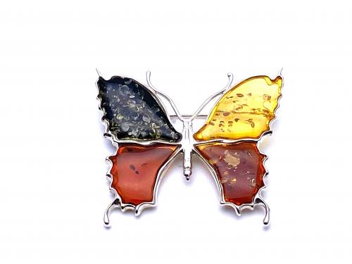 Silver Multi Coloured Amber Large Butterfly Brooch