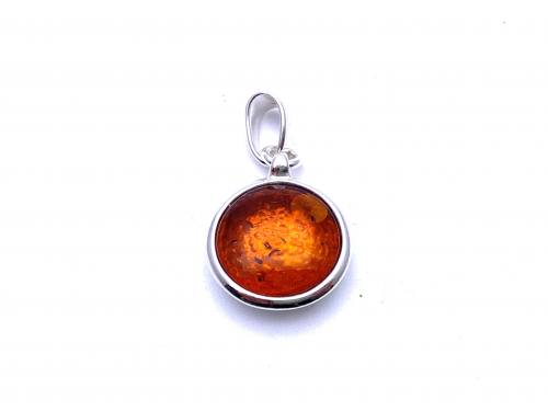 Silver Light Brown Round Amber Pendant 13mm
