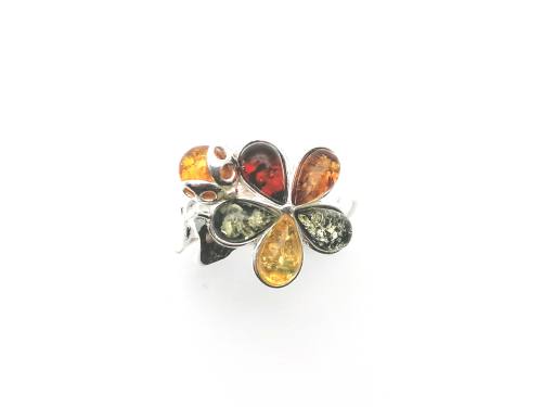 Silver Multi Coloured Amber Flower & LadybirdRing