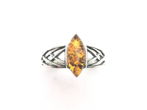 Silver Brown Marquise Shaped Amber Ring