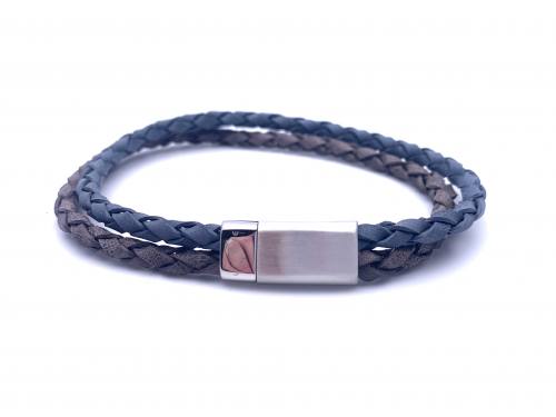 Blue & Grey Double Strand Leather Bracelet