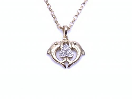 9ct Dolphin Heart Diamond Pendant&Chain