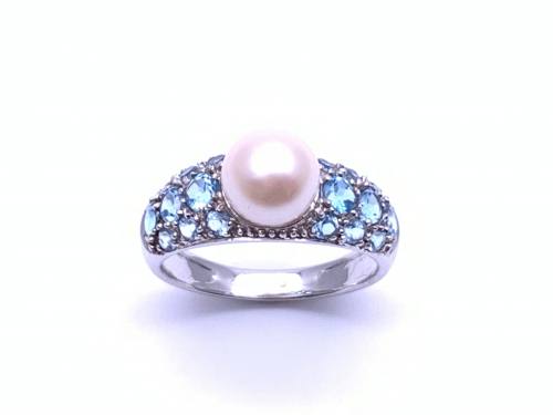 9ct White Gold Pearl & Blue Topaz Ring