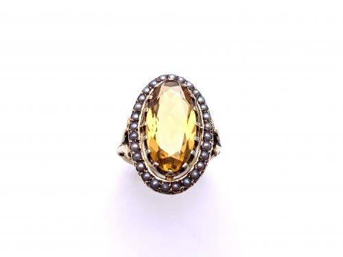9ct Citrine and Pearl Cluster Ring