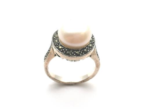 Silver Cultured Pearl & Marcasite Ring