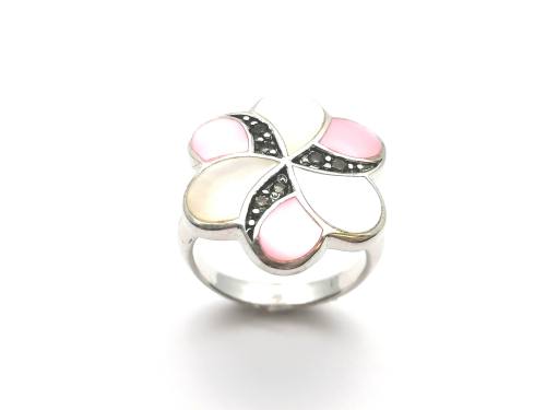 Silver Pink & White MOP Flower Ring