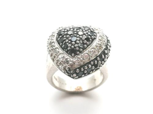 925 Black & White CZ Heart Ring