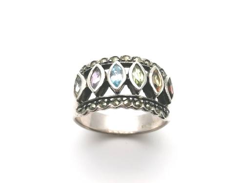 Silver Multi Coloured Stone Ring