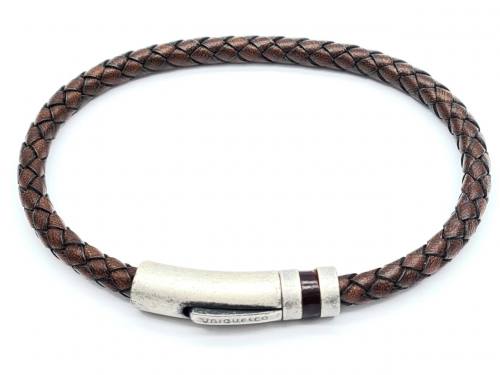 Brown Leather Matte Grey Steel Bracelet