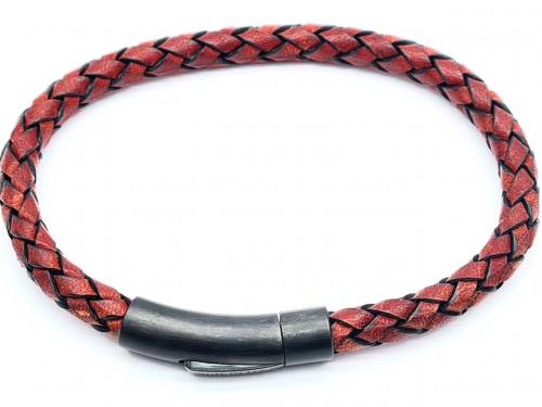 Washed Red Leather Black Steel Clasp Bracelet
