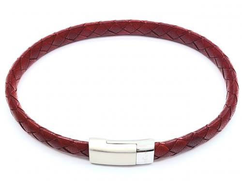 Washed Red Leather Matte Polished Steel Bracelet