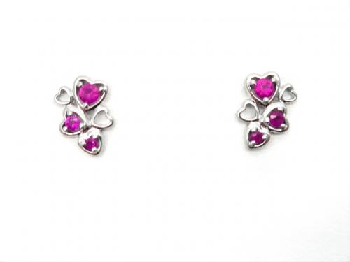 Silver Ruby Hearts Cluster Stud Earrings