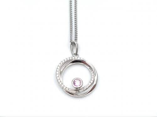 Silver Pink Sapphire & CZ Circle Pendant & Chain