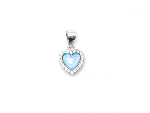 Silver Blue Created Opal & CZ Heart Pendant