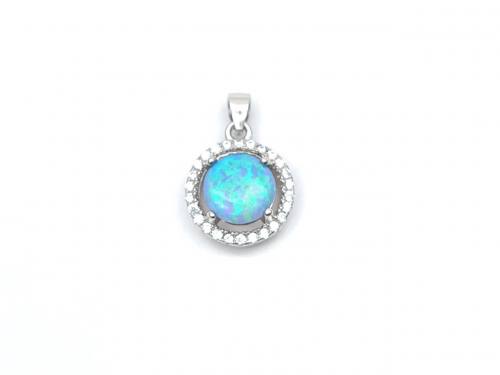 Silver Blue Created Opal & CZ Round Pendant