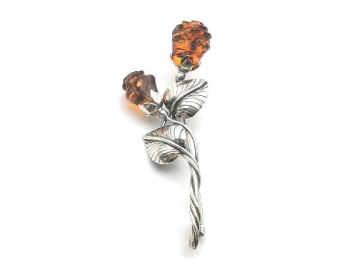 Silver Double Toffee Amber Rose Brooch