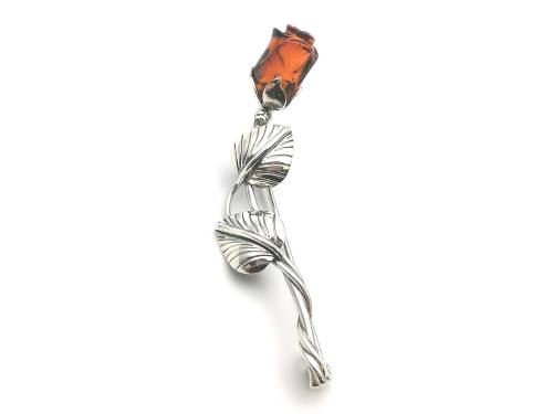 Silver Toffee Amber Rose Brooch