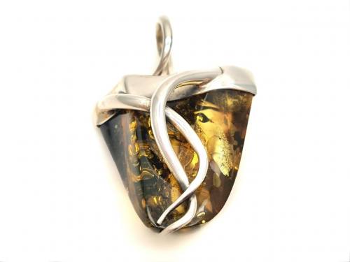 Silver Green Amber Tooth Shaped Pendant