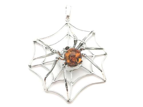 Silver Amber Large Spiderweb Pendant