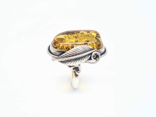 Silver Amber Leaf Ring