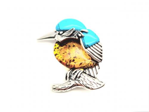Silver Amber & Turquiose Kingfisher Brooch