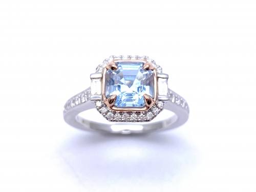 9ct White & Rose Gold Aquamarine & Diamond Ring