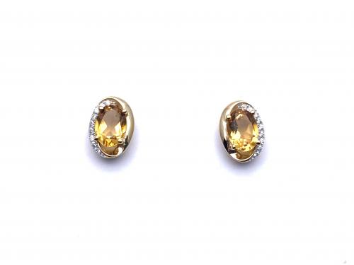 Silver Citrine and CZ Oval Stud Earrings 10x7mm